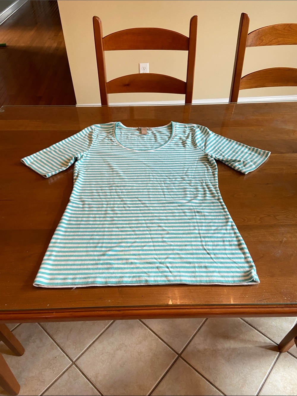 Banana Republic Short-Sleeve Scoop Neck Tee in Light Aqua and White Stripes